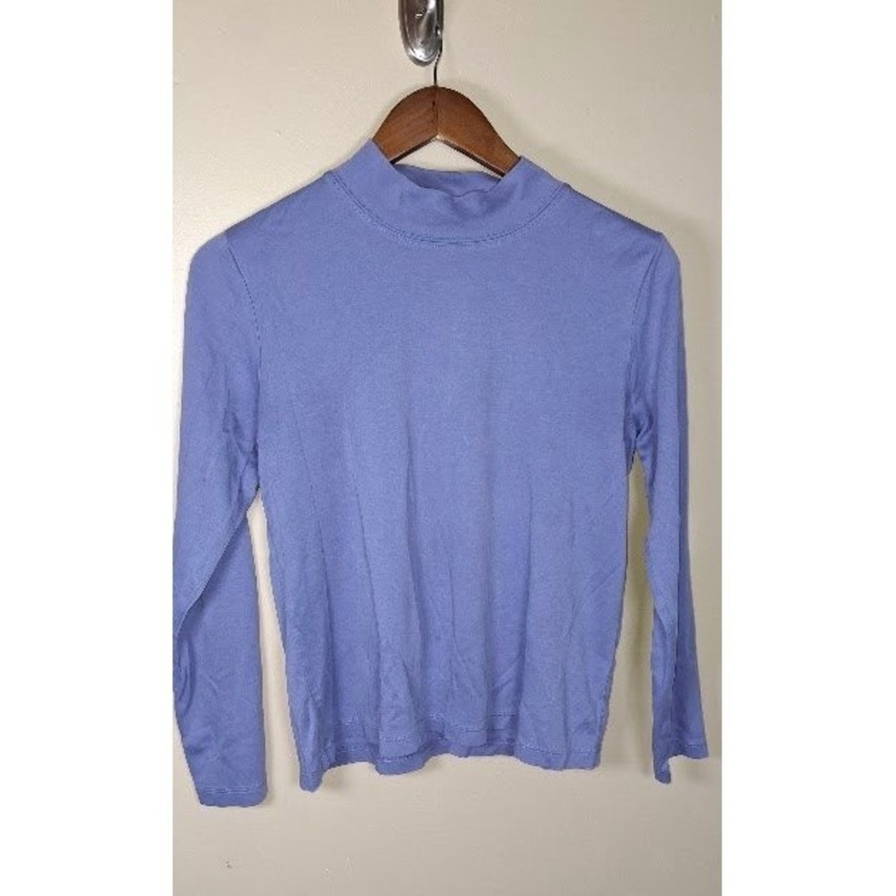 LL Bean Womens Supima Cotton Mock Neck Top Periwinkle Blue Long Sleeve Medium